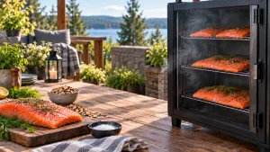 Cold smoking fish at home with salmon fillets in a smoker and wood chips